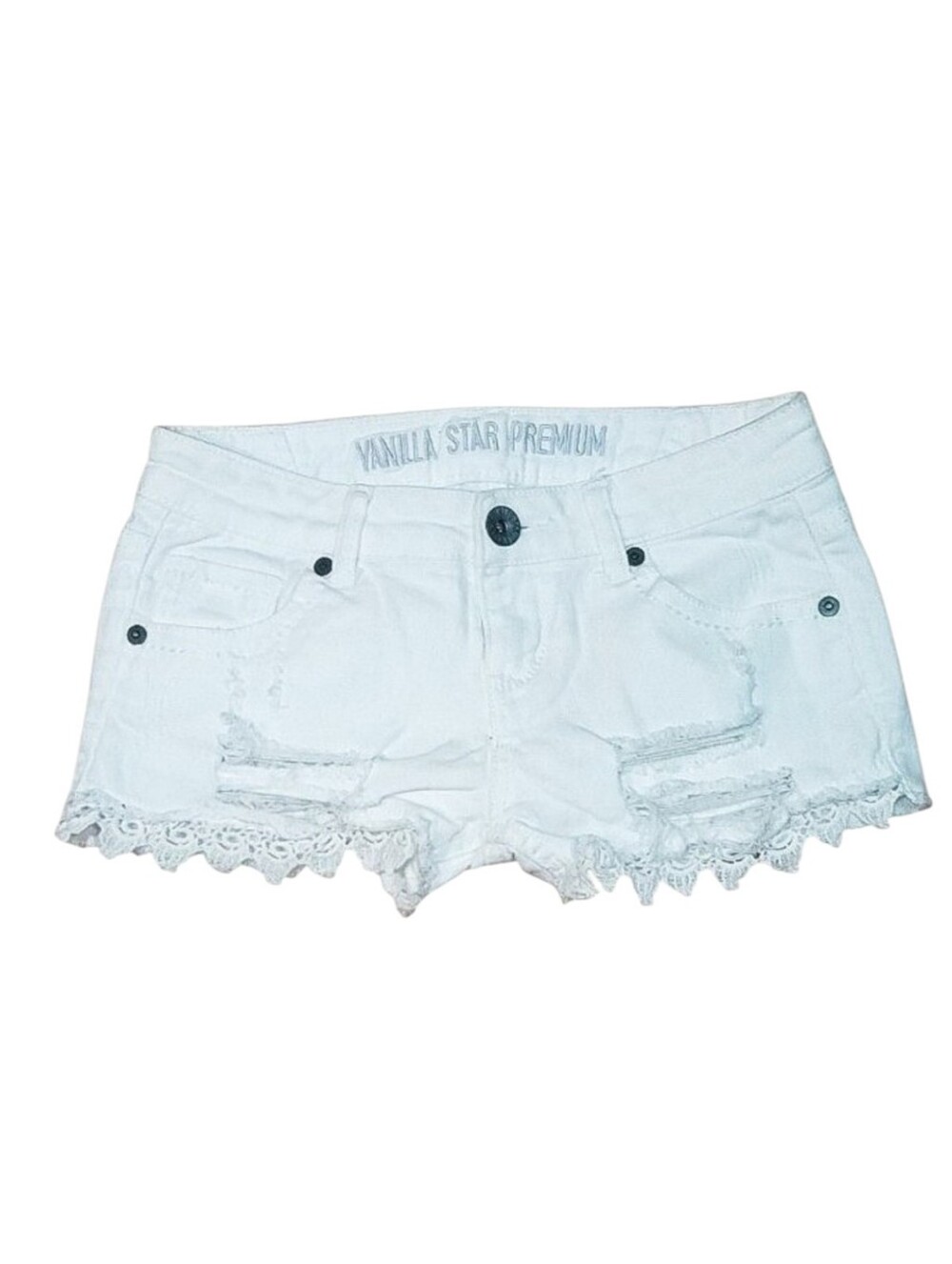 Vanilla Star White Lace Trim Distressed Denim Shorts